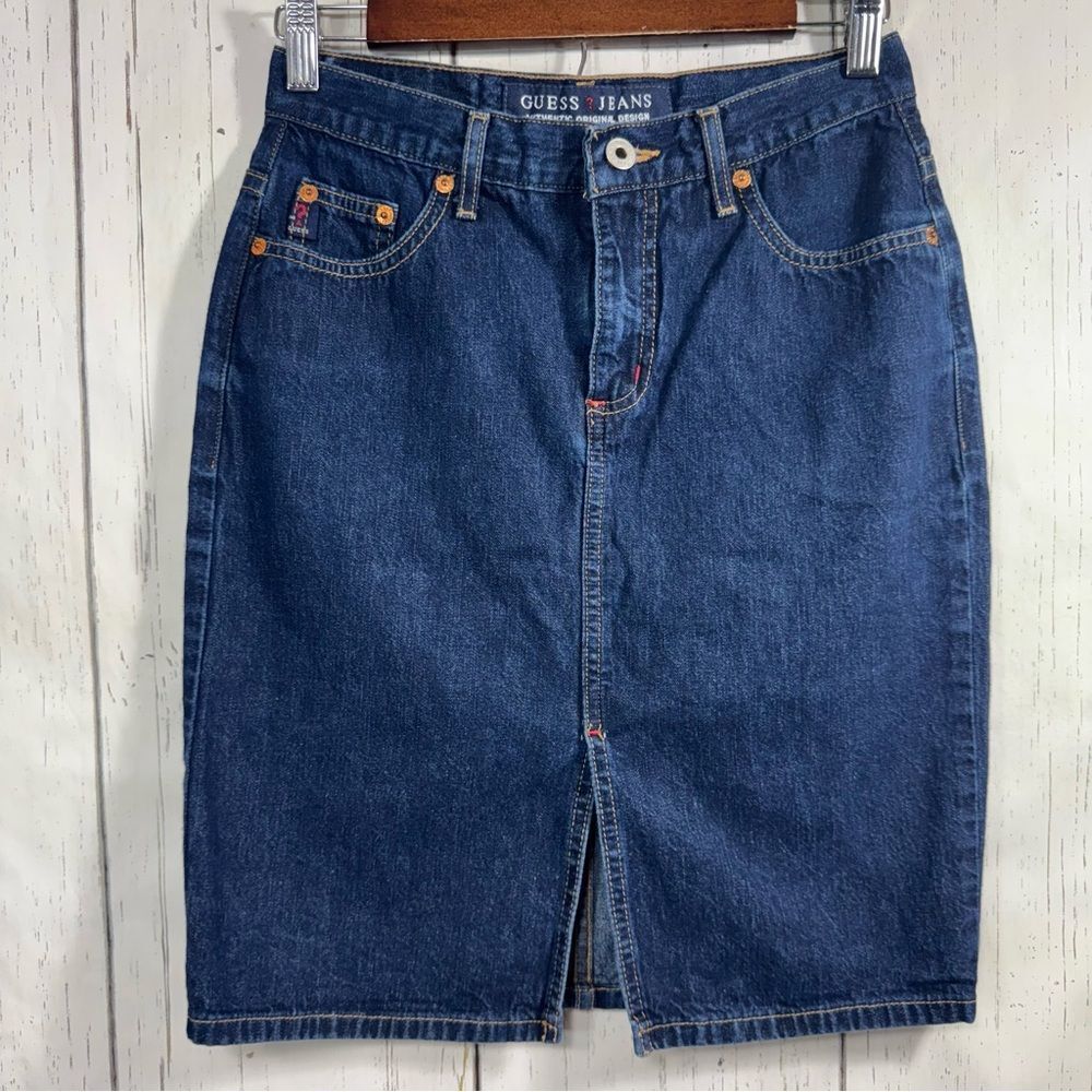 Vintage Guess Jeans Y2K Flat Front Dark Wash Denim Pencil Skirt Womens Cotton